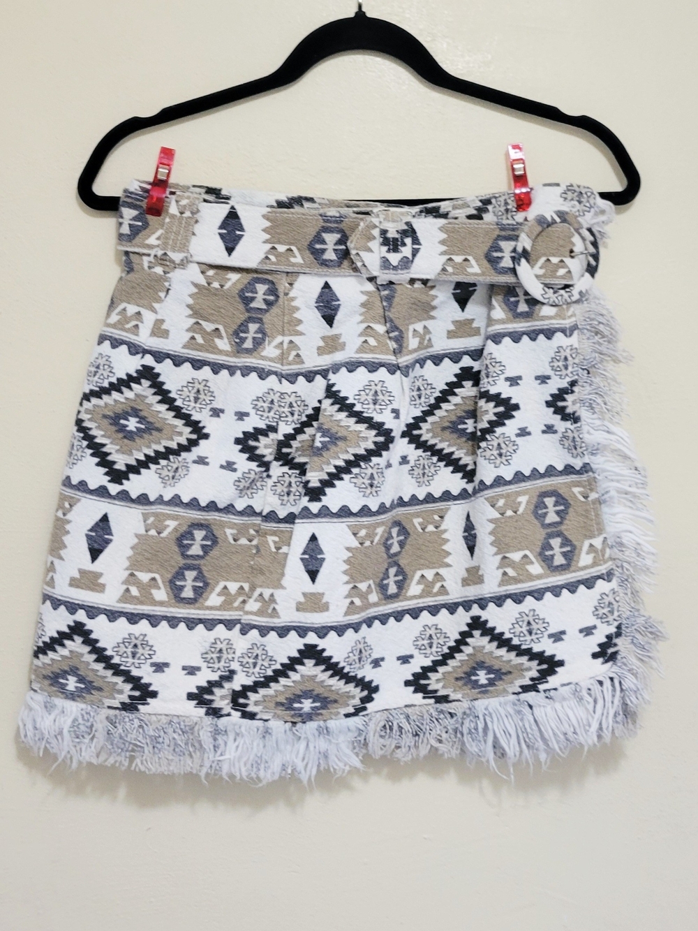 Guess Aztec Print Fringe Mini Skirt in White, Tan and Gray